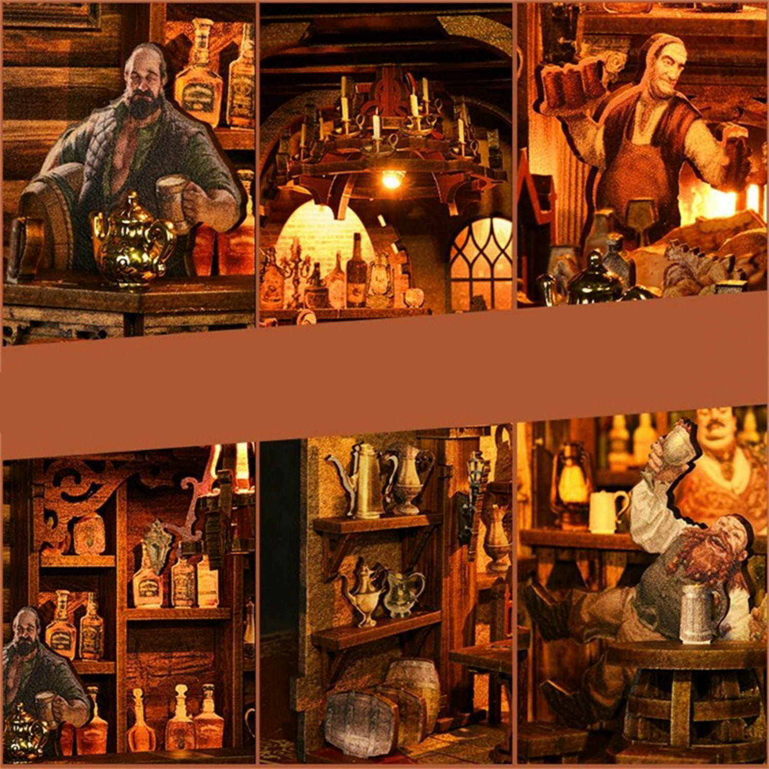 Bar antiguo. Book Nook de madera, diseño 3D realista con gran detalle, cubierta y luces led.