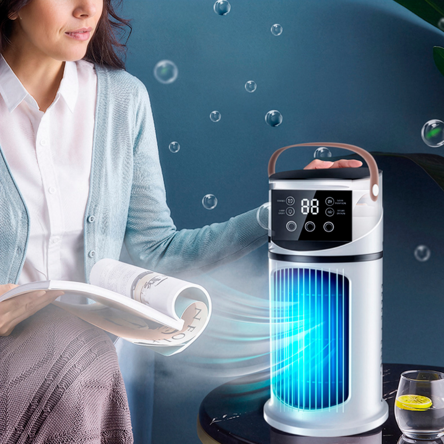 Ventilador sin aspas BDL-901E. Con función de nebulización, 6 velocidades y temporizador de hasta 8 horas. Depósito de 500 ml y luz ambiental de 7 colores.