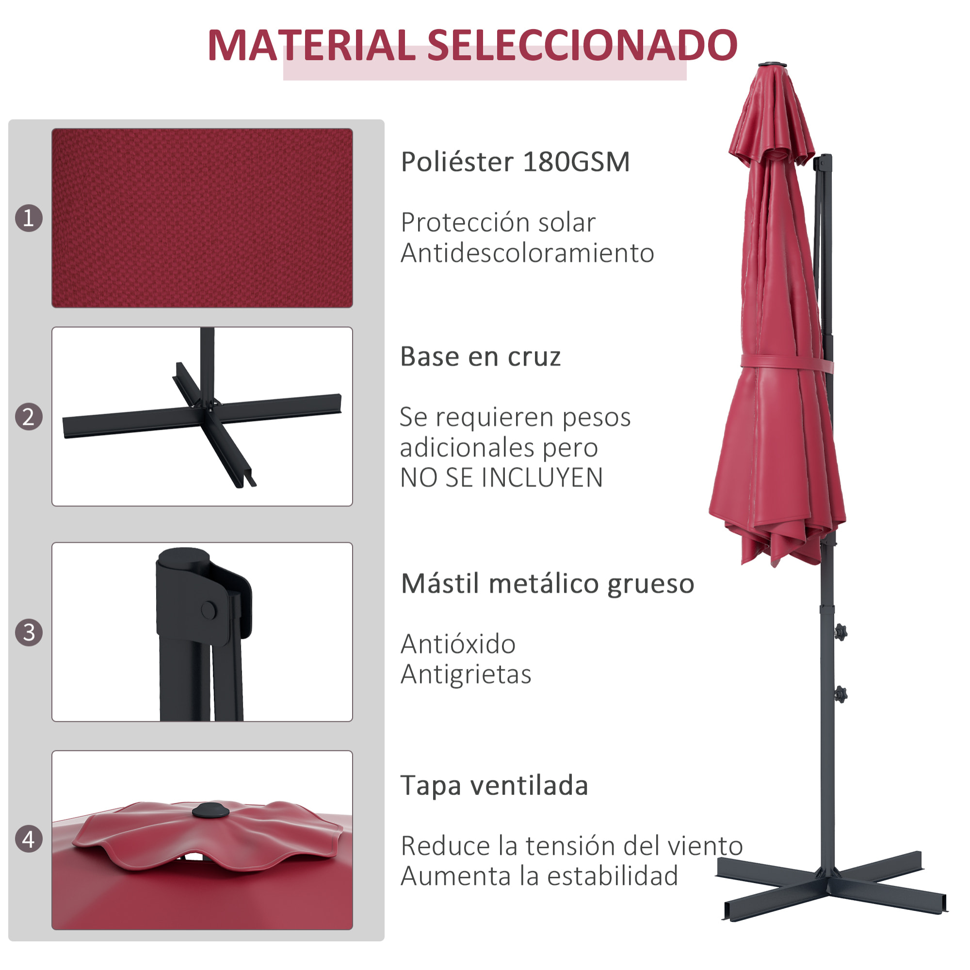 Sombrilla de Jardín Ø294x242 cm Parasol de Terraza con Altura Ajustable Poste Giratorio 360° Ángulo de Techo Ajustable y Ventilación Superior para Patio Piscina Rojo Vino