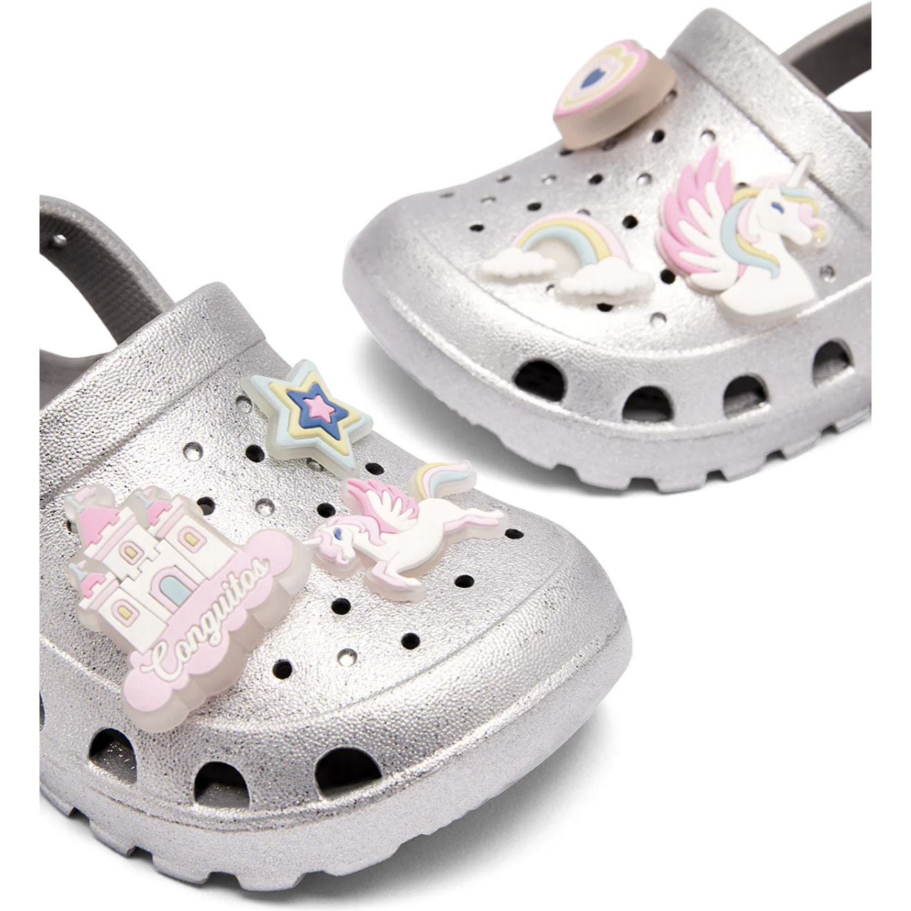 Zuecos  de Niña Glitter Plateado con Detalles Luminosos y Temática de Castillo