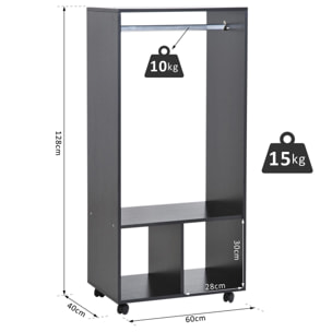 Armoire penderie étagère 2 niches penderie 4 roulettes pivotantes dim. 60L x 40l x 128H cm noir