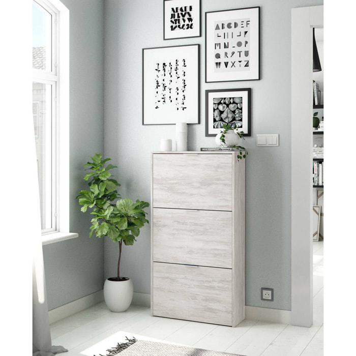 Scarpiera Asca, Armadio portascarpe a 3 ante a ribalta, Mobile doppia capienza per max 18 paia di scarpe, 60x22h113 cm, Bianco