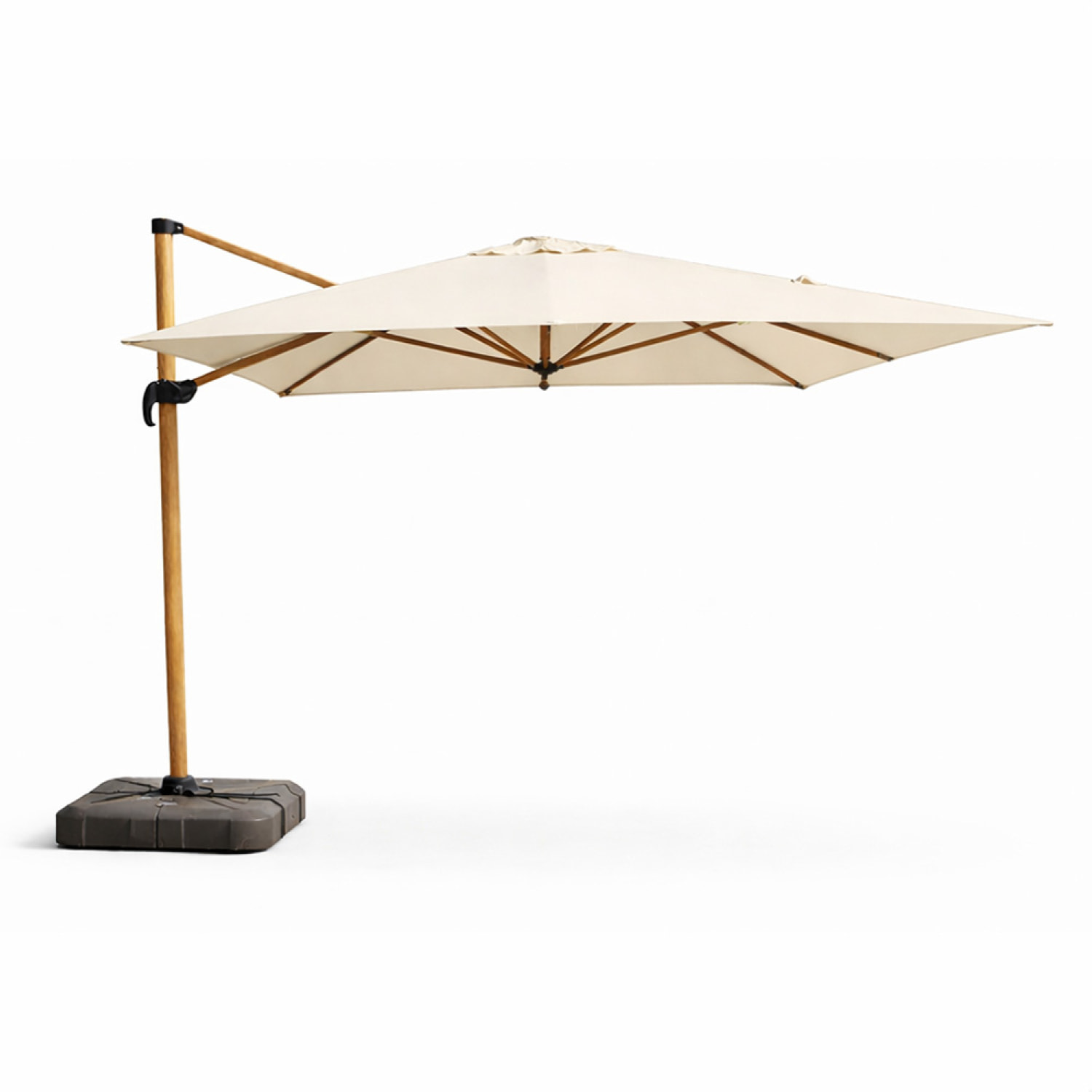 Parasol rectangulaire 3x4m déporté rotatif écru pied effet bois en aluminium NAVIA