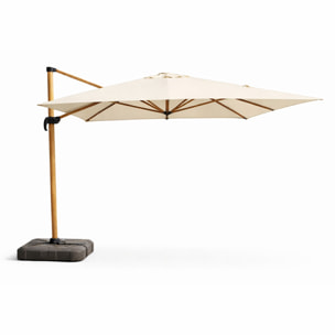 Parasol rectangulaire 3x4m déporté rotatif écru pied effet bois en aluminium NAVIA