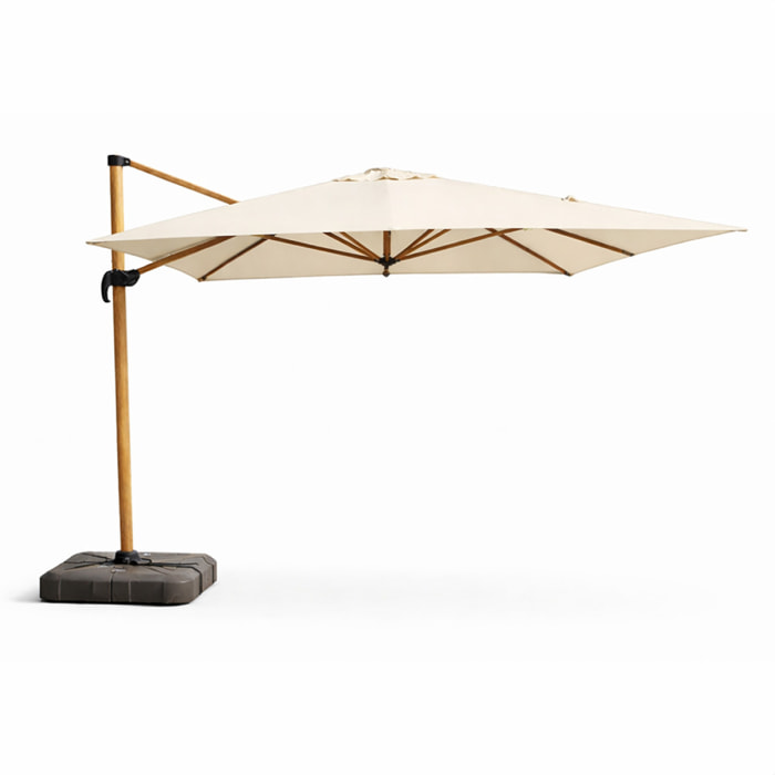 Parasol rectangulaire 3x4m déporté rotatif écru pied effet bois en aluminium NAVIA