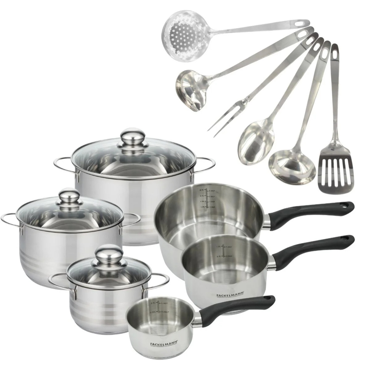 Batterie de cuisine avec 3 casseroles 12/16/20 cm et 3 faitouts 16/20/24 cm avec 6 ustensiles de cuisine sans PFAS Fackelmann Généva Brillant Oxford