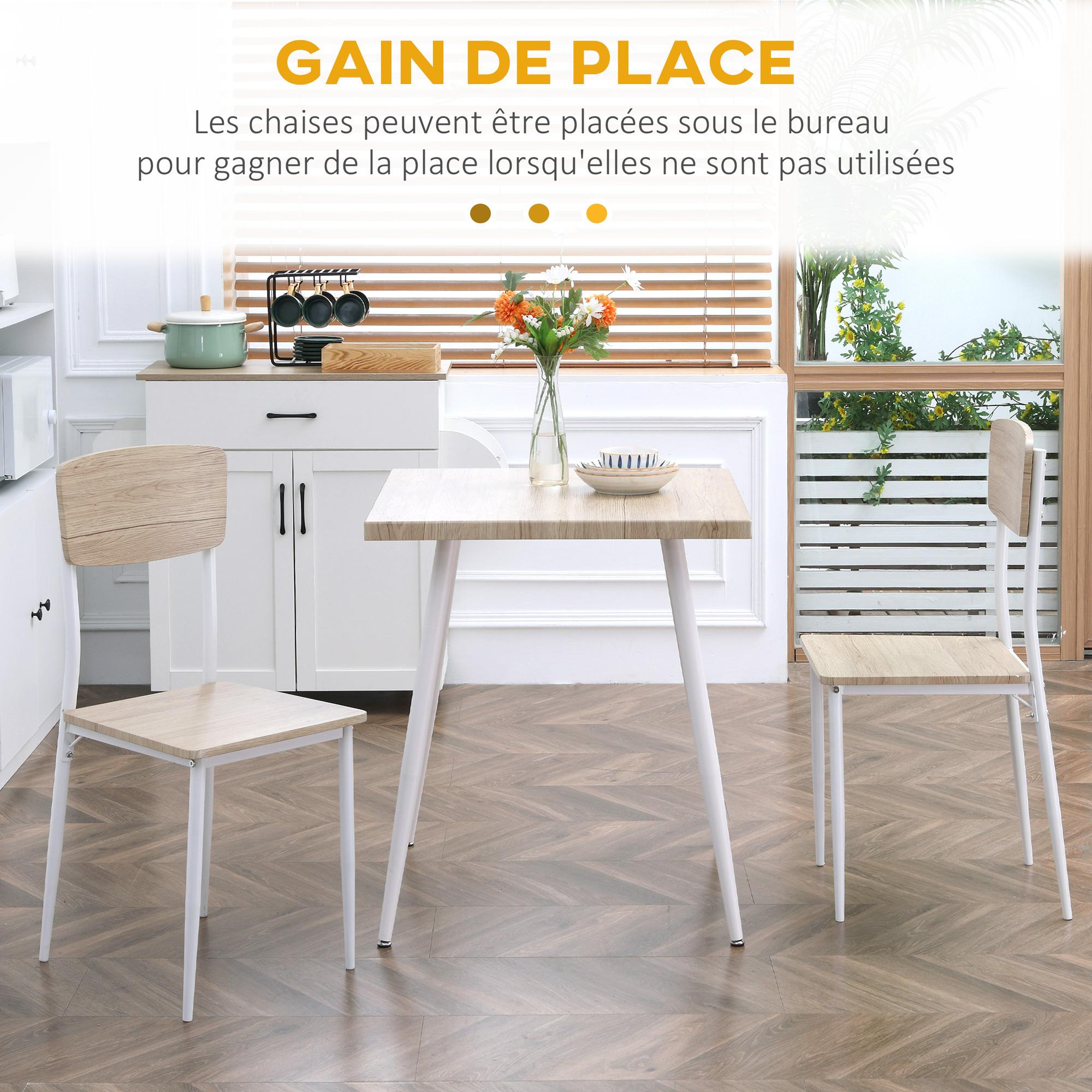 Ensemble table et chaises 3 pièces style nordique piètement effilé acier blanc aspect bois clair