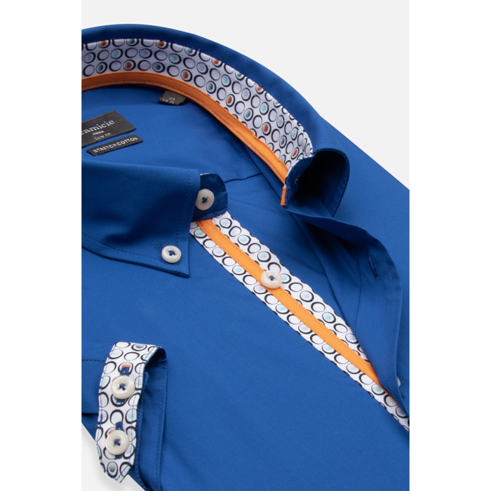 Camicia Uomo 1 Bottone Button Down Manica Corta Slim Popeline Stretch Unito Bluette