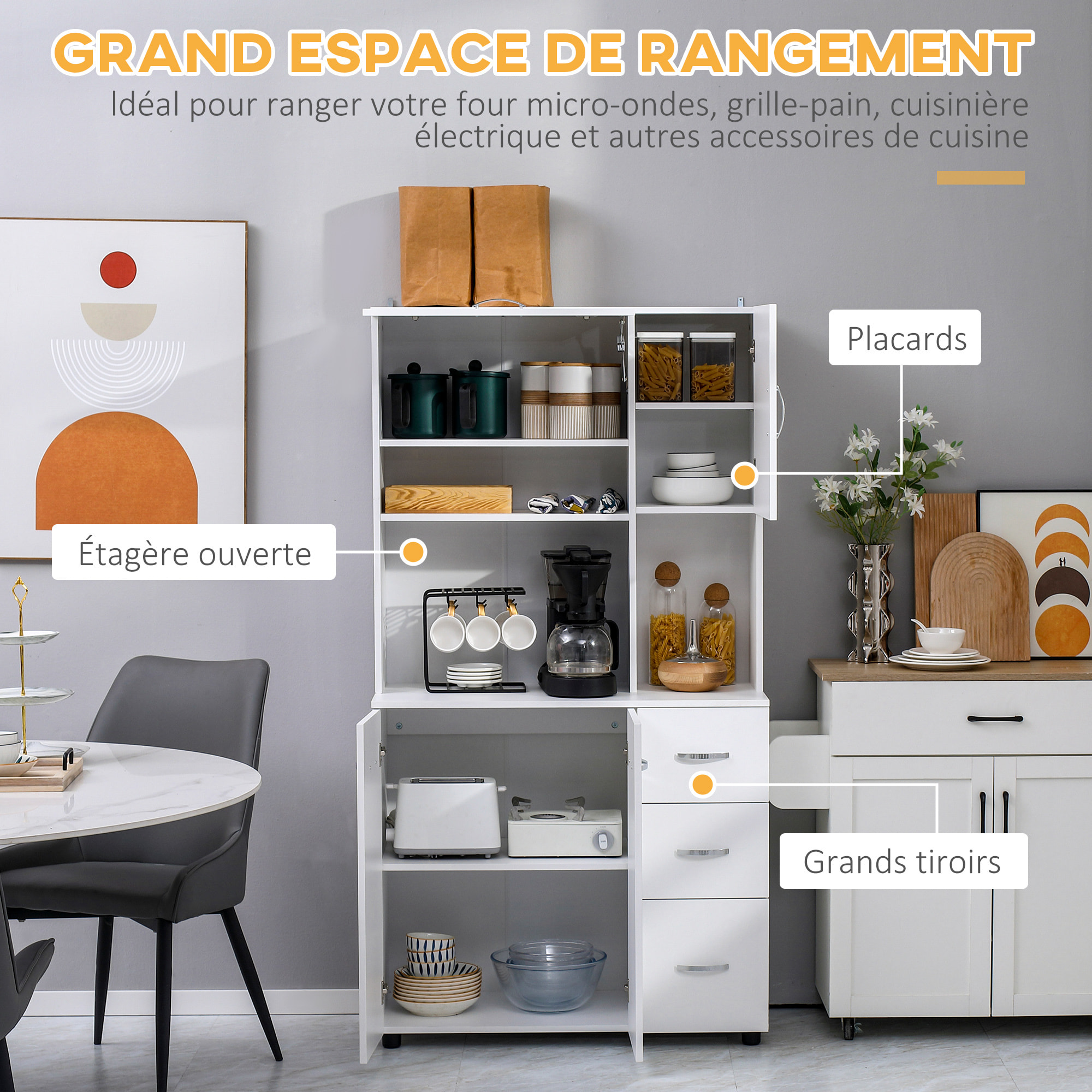 Armoire de cuisine multi-rangement 4 portes 3 tiroirs étagère + grand plateau 89L x 39l x 168H cm MDF blanc