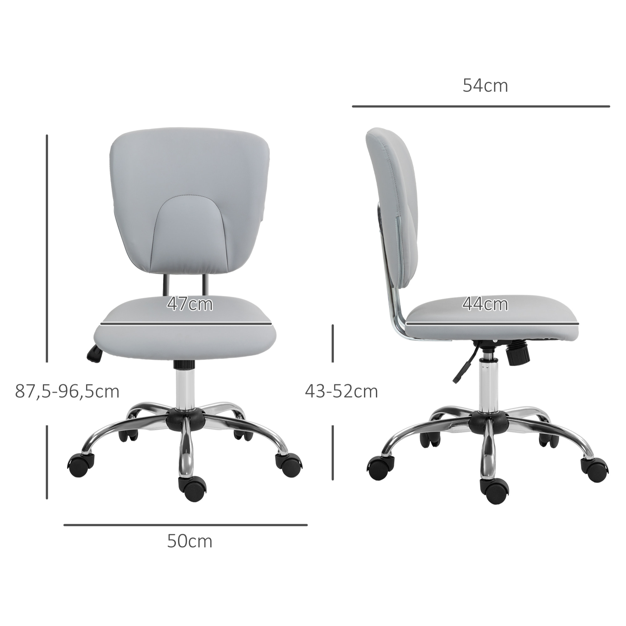 Silla de Oficina sin Reposabrazos Silla de Escritorio Juveniles con Altura Ajustable y Función de Inclinación Carga 120 kg 50x54x87,5-96,5 cm Gris Claro