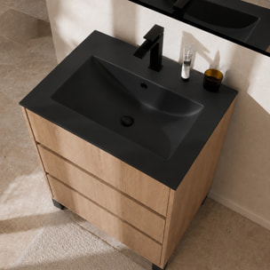 Meuble de Salle de Bains 50cm 3 tiroirs Chêne Clair, Vasque Noire et Miroir Cadre Noir 50x70 XENOS