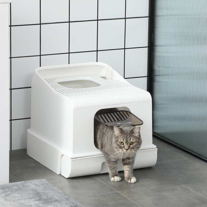 Maison de toilette chat bac à litière 2 portes - pelle, bac amovible, roulettes, poignée - PE blanc