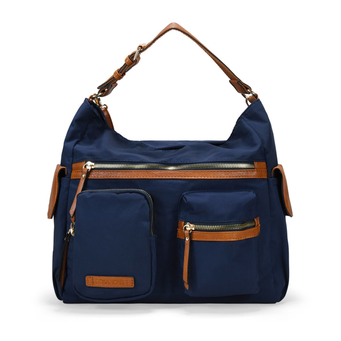 Bolso de hombro azul en nailon con bolsillos
