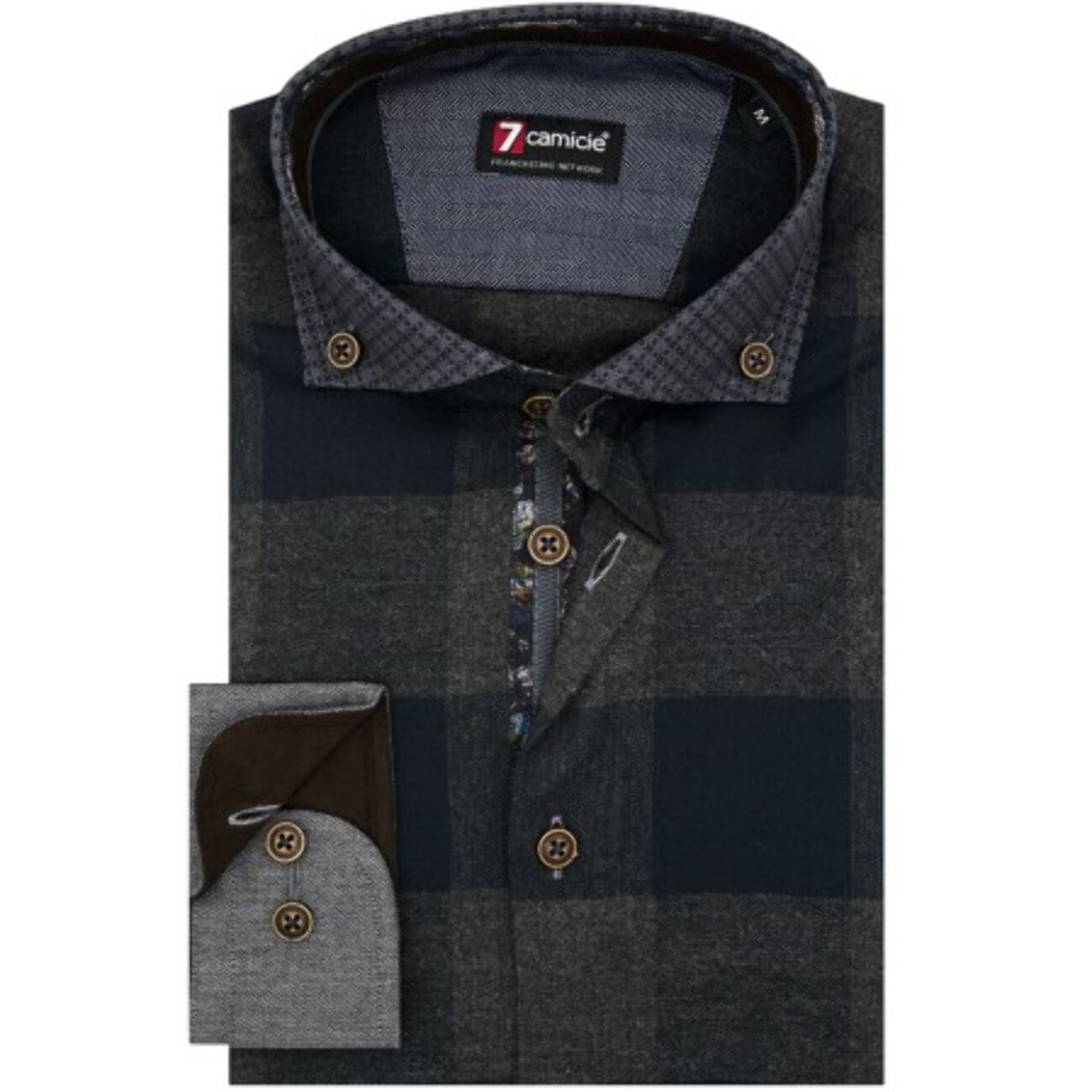 Camicia Uomo 1 Bottone Button Down Slim Flanella Quadro Grande Grigio Scuro e Blu