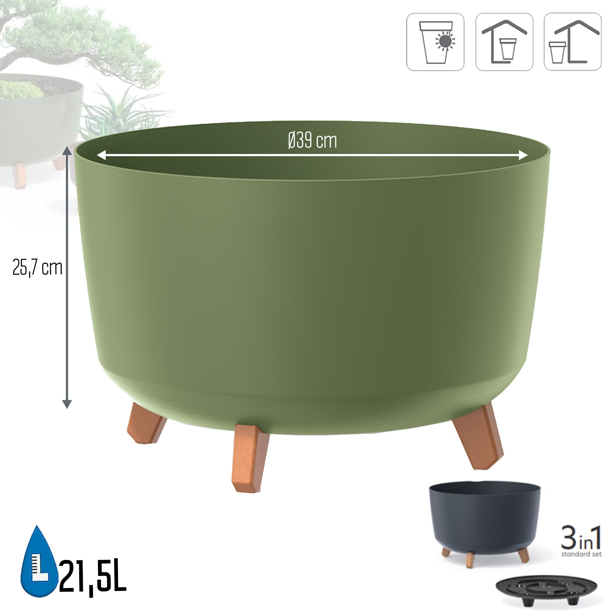 Macetero color verde tierra,sin depósito , colección gracia de 29cm x 29cm x 22cm cm, capacidad de 9,8 l.