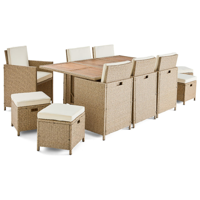 Cuba – salon de jardin encastrable en résine tressé beige - 10 places - coussins beige + housse de protection - Beige