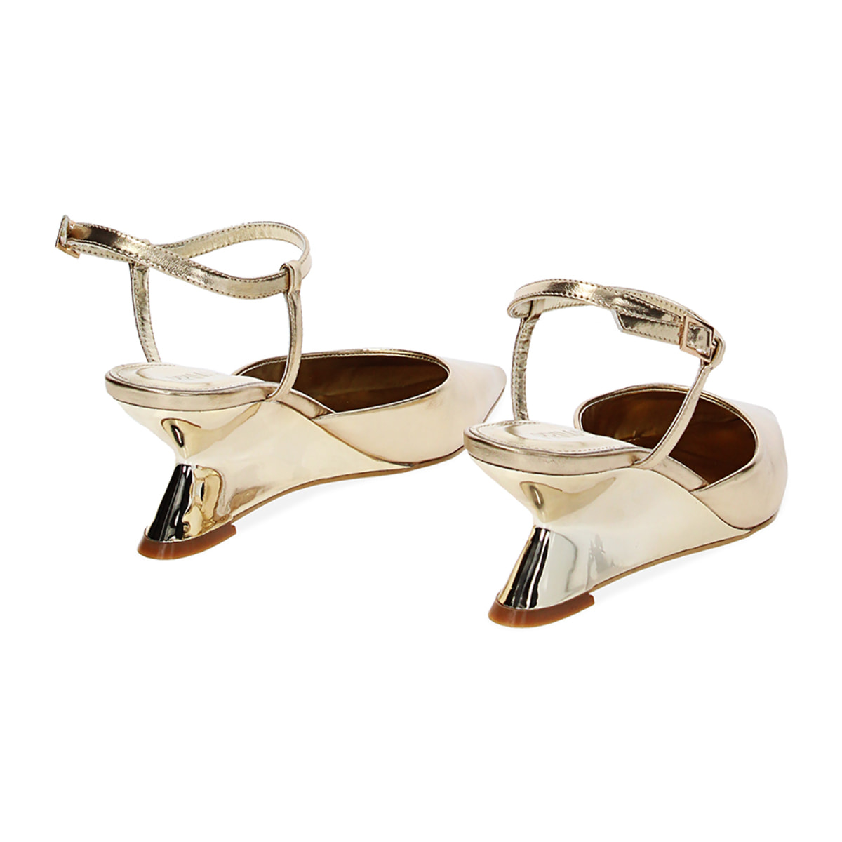 Décolleté slingback oro laminate, zeppa 6,1 cm