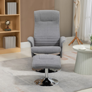 Fauteuil relax style contemporain - pivotant, dossier inclinable, repose-pied - piètement acier chromé tissu gris