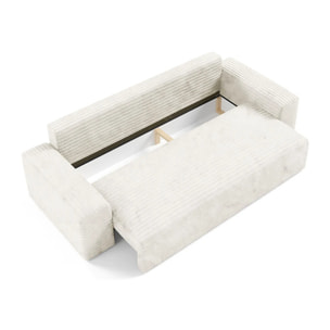 EDEN - Canapé 3 places convertible en velours côtelé écru