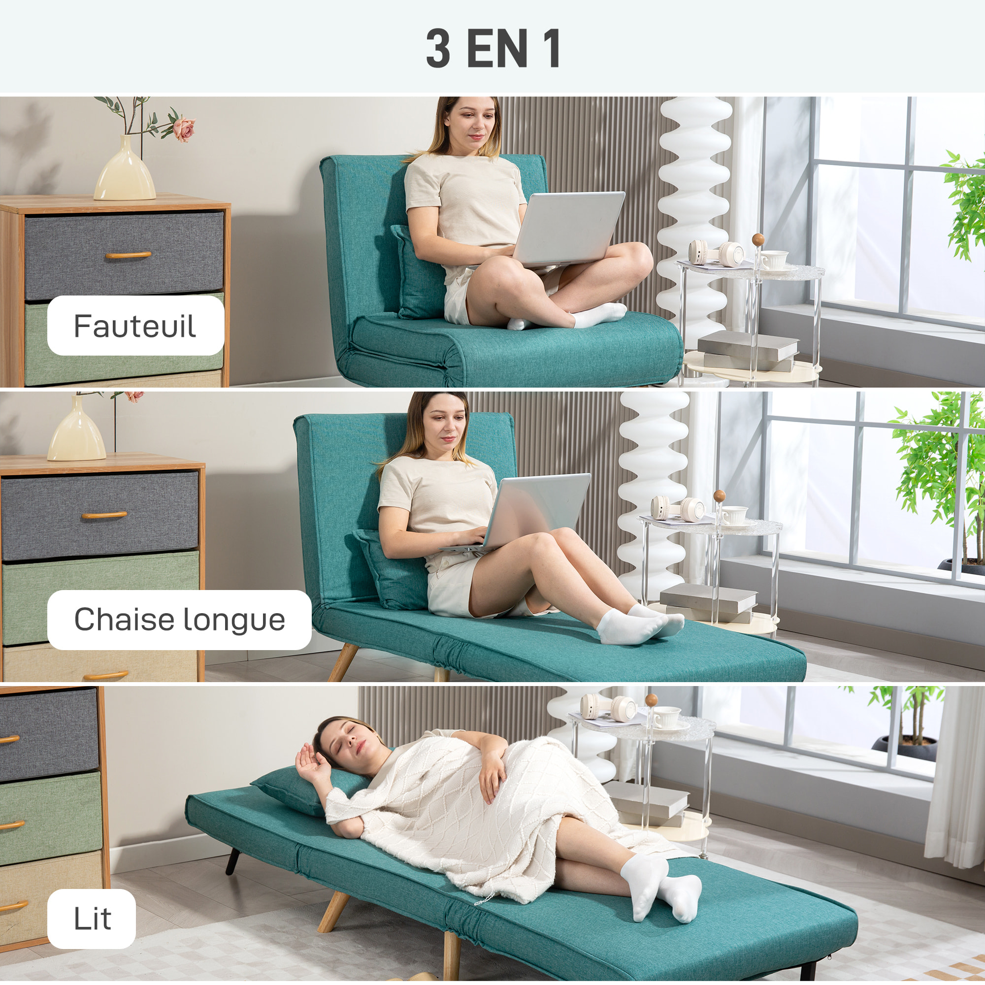 Fauteuil convertible style nordique - fauteuil lit chaise longue 3 en 1 - dossier inclinable - bois tissu turquoise