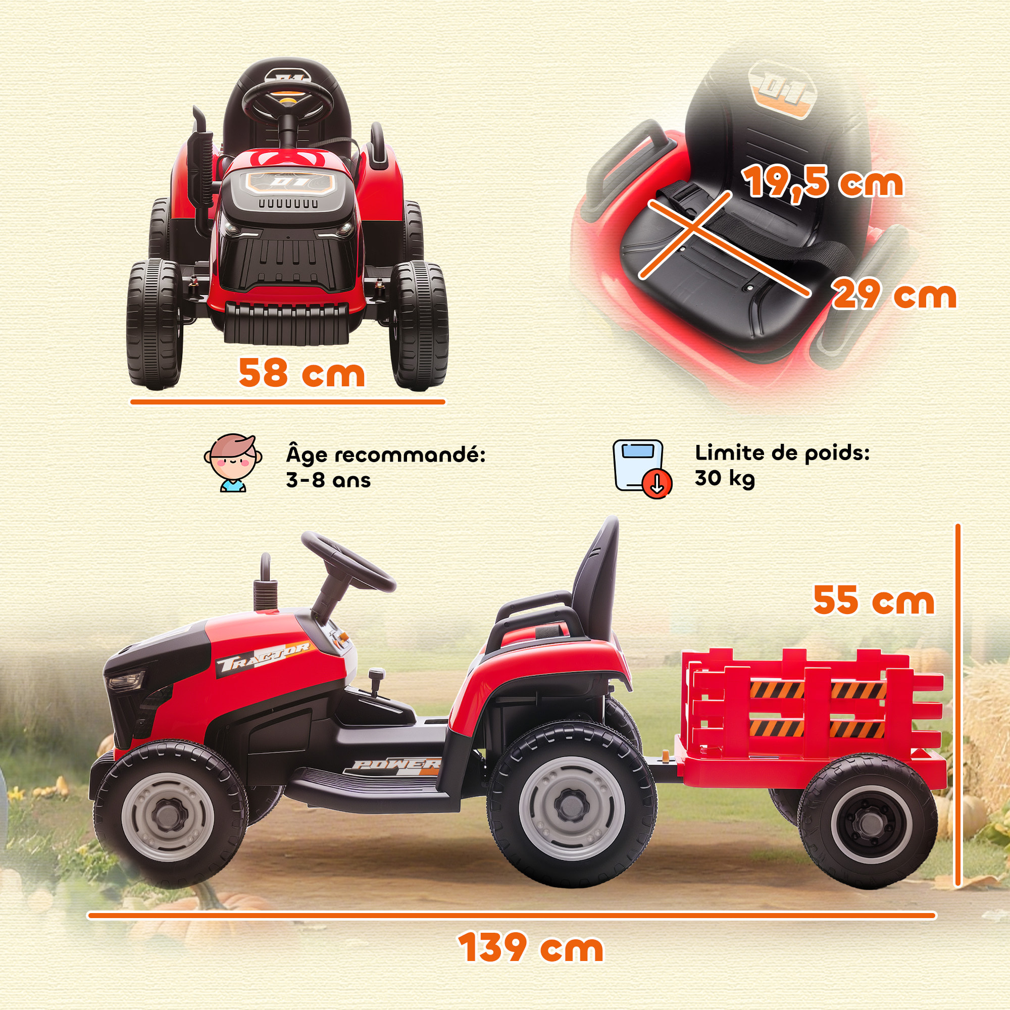 Tracteur électrique enfant avec remorque amovible et télécommande - effets sonores et lumineux - rouge
