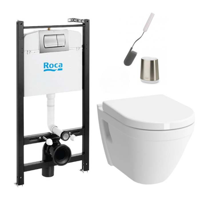 Pack Bâti-support Roca Active + WC suspendu Vitra + Abattant soft close + plaque chrome + brosse de toilette