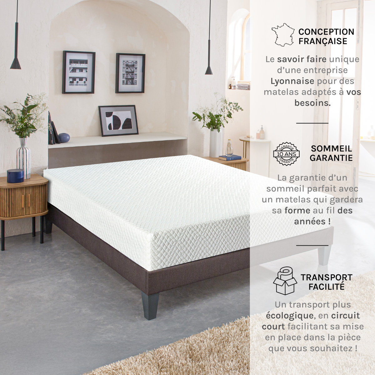 Matelas Absolu, Soutien Ferme ,21 cm, Mémoire de Forme & Mousse Haute Densité, Fabrication Française, Déhoussable