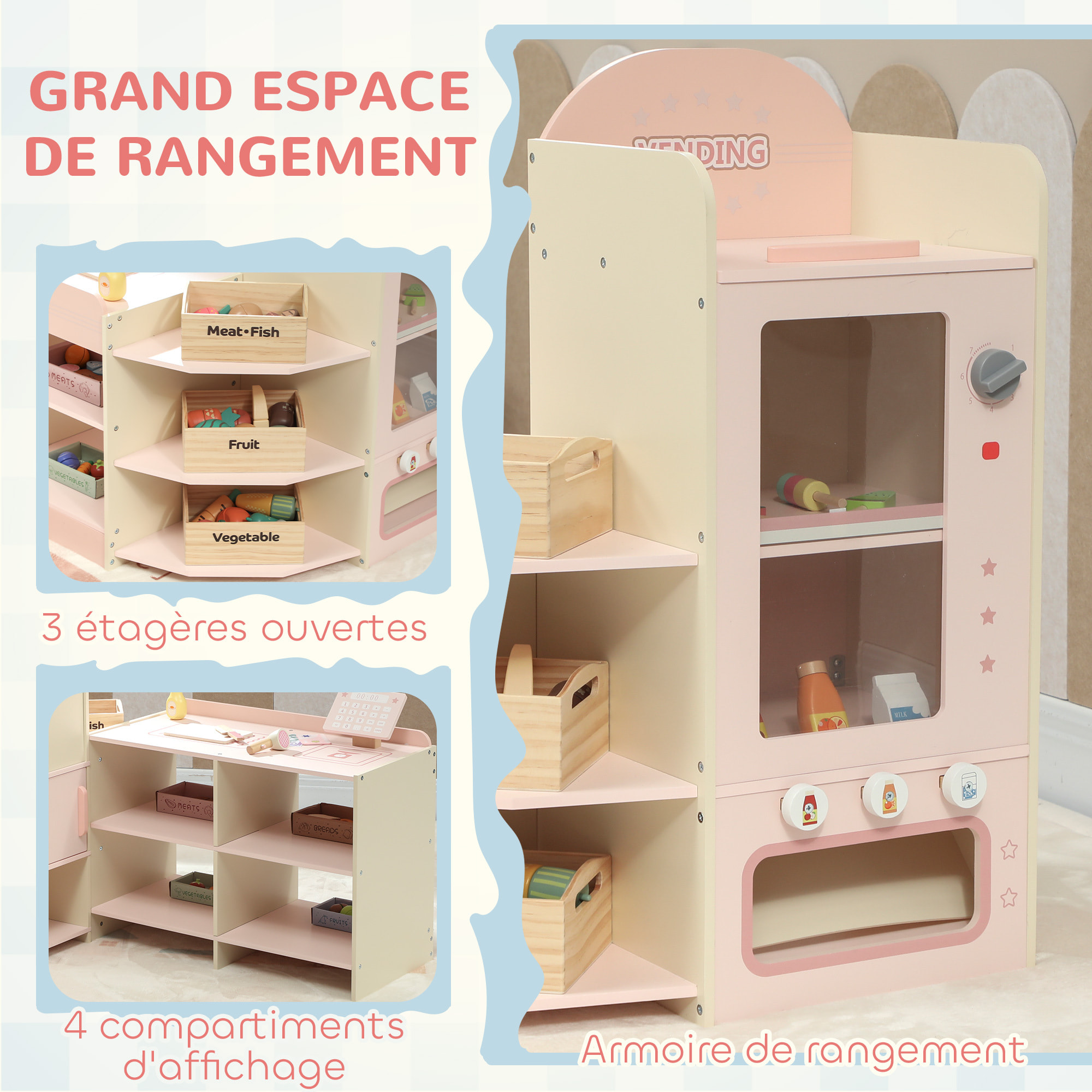 Jeu de la marchande en bois - jeu imitation supermarché enfant - beige rose