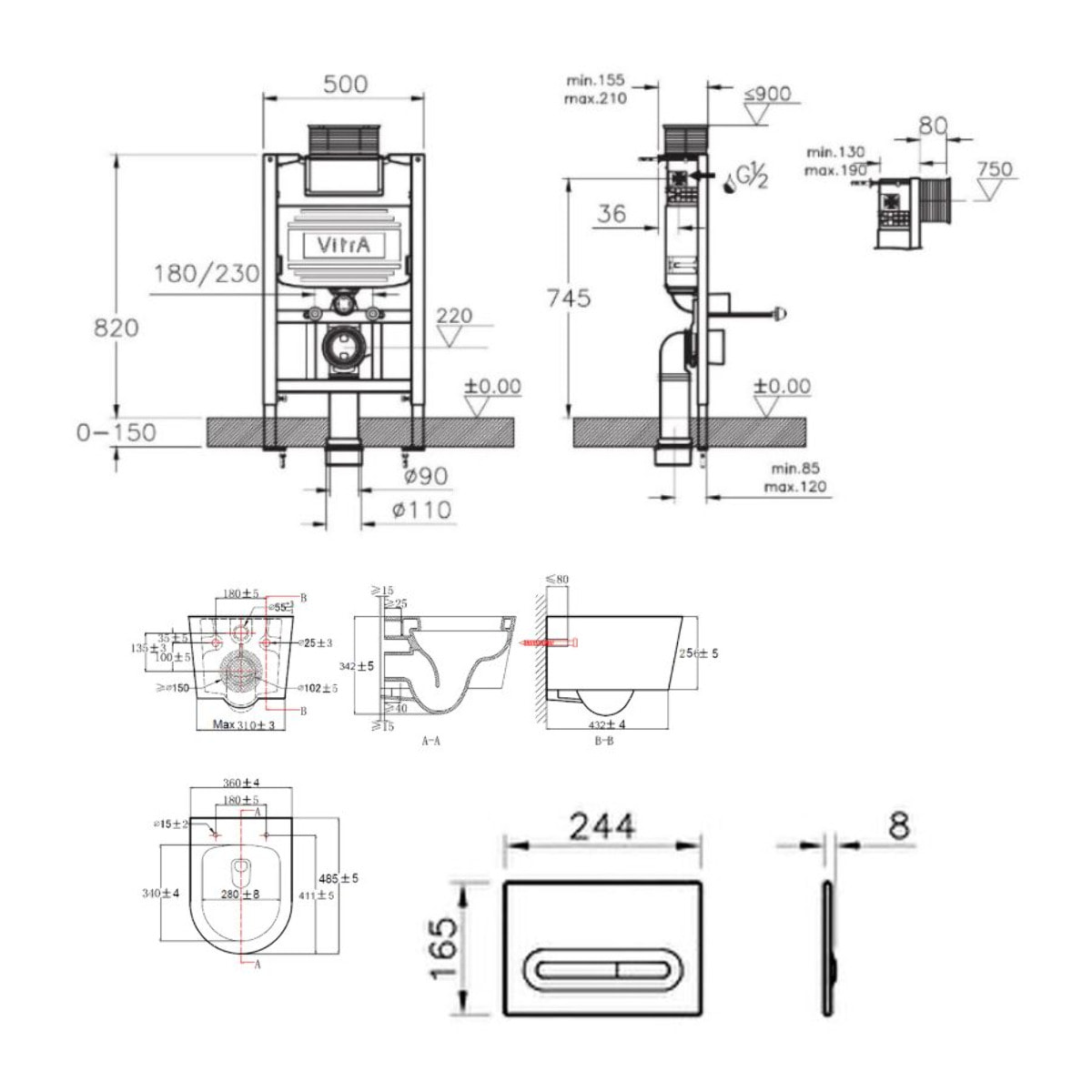 Bâti support 82cm + WC sans bride SAT + Abattant softclose + Plaque Chrome mat (VUNI82SAT-5)