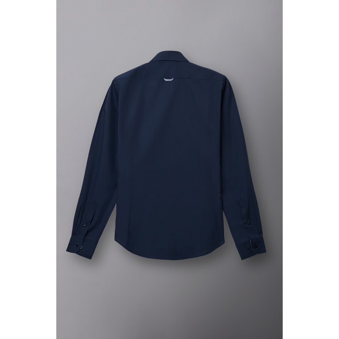 Camicia Uomo 1 Bottone Francese Slim Popeline Stretch Unito Blu