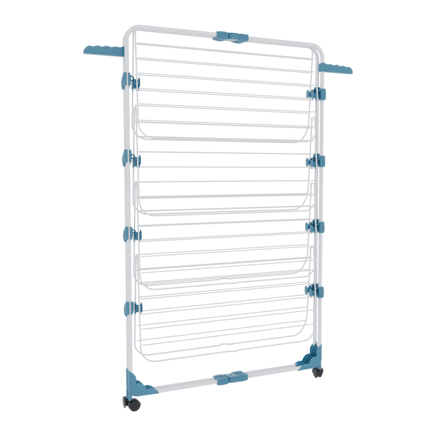 Stendibiancheria Da Pavimento Con Rotelle Stendino A Torre Verticale In Acciaio 4 Ripiani 2 Appendi Grucce Pieghevole 168.5x71x71 Cm Bianco Blu