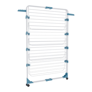 Stendibiancheria Da Pavimento Con Rotelle Stendino A Torre Verticale In Acciaio 4 Ripiani 2 Appendi Grucce Pieghevole 168.5x71x71 Cm Bianco Blu