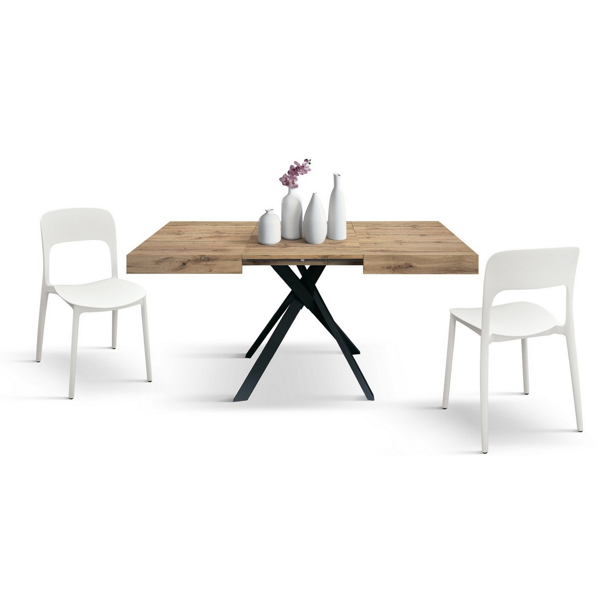 Tavolo FORTE DEI MARMI in legno, finitura rovere rustico e gambe incrociate in metallo antracite, allungabile 95x90 cm - 145 x 90 cm