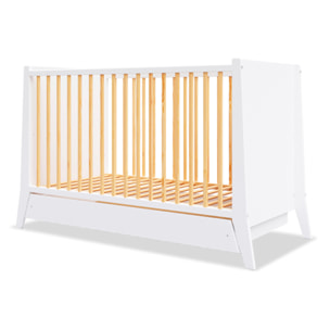 Lit Evolutif Timéo à barreaux 60 x 120 cm, Couleur Blanc & Bois, En Bois, 3 Hauteurs, Tiroir intégré, Barreaux amovibles