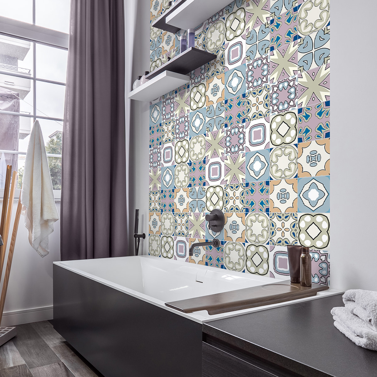 Stickers muraux - Sticker Mural Carrelage adhésif Cuisine Salle de Bain - 60 STICKERS CARREAUX DE CIMENT AZULEJOS DONA