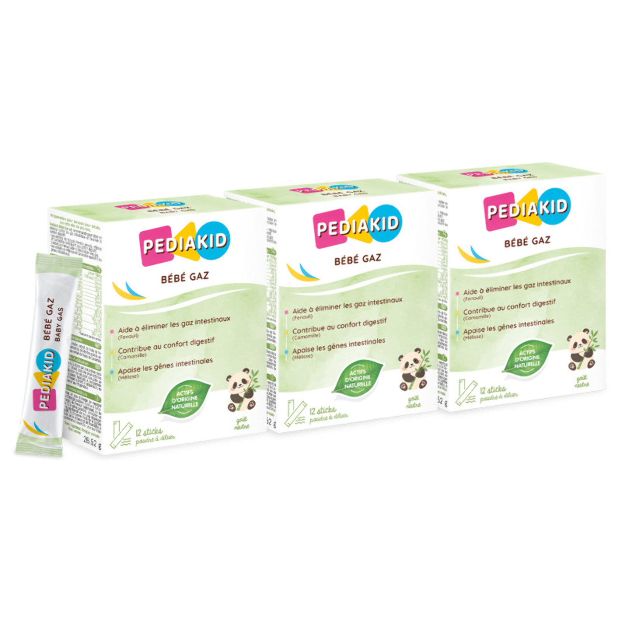 PEDIAKID - Bébé Gaz - Aux extraits de plantes & fibres - Aide à réduire les gaz et à améliorer le confort digestif - Dès la naissance - Format sticks de poudre à diluer facile à utiliser - Lot de 3