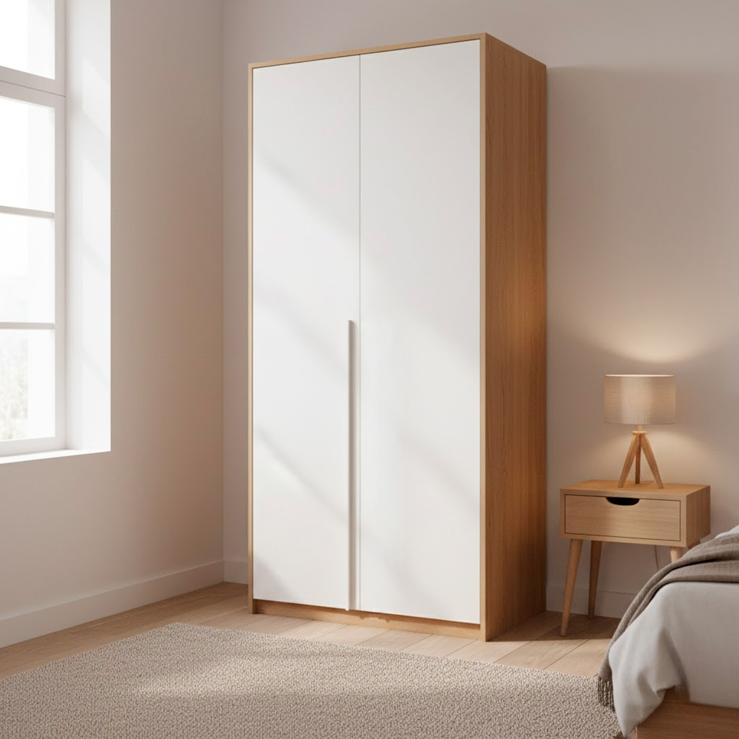 Armadio A 2 Ante Con Asta Appendiabiti E 3 Ripiani Armadietto Mobile Guardaroba Mobiletto Moderno Cameretta Camera 90 x 200 x 52 Cm Bianco E Rovere