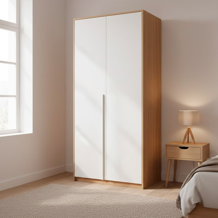 Armadio A 2 Ante Con Asta Appendiabiti E 3 Ripiani Armadietto Mobile Guardaroba Mobiletto Moderno Cameretta Camera 90 x 200 x 52 Cm Bianco E Rovere