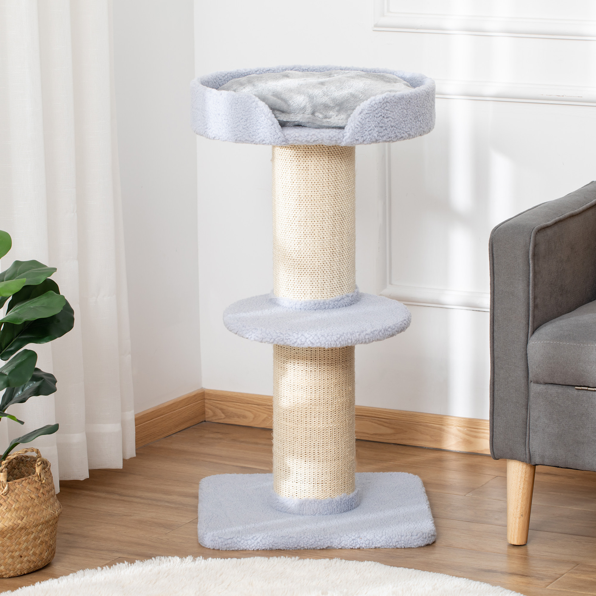 Arbre à chat avec griffoir centre d'activités 2 plateformes coussin bleu