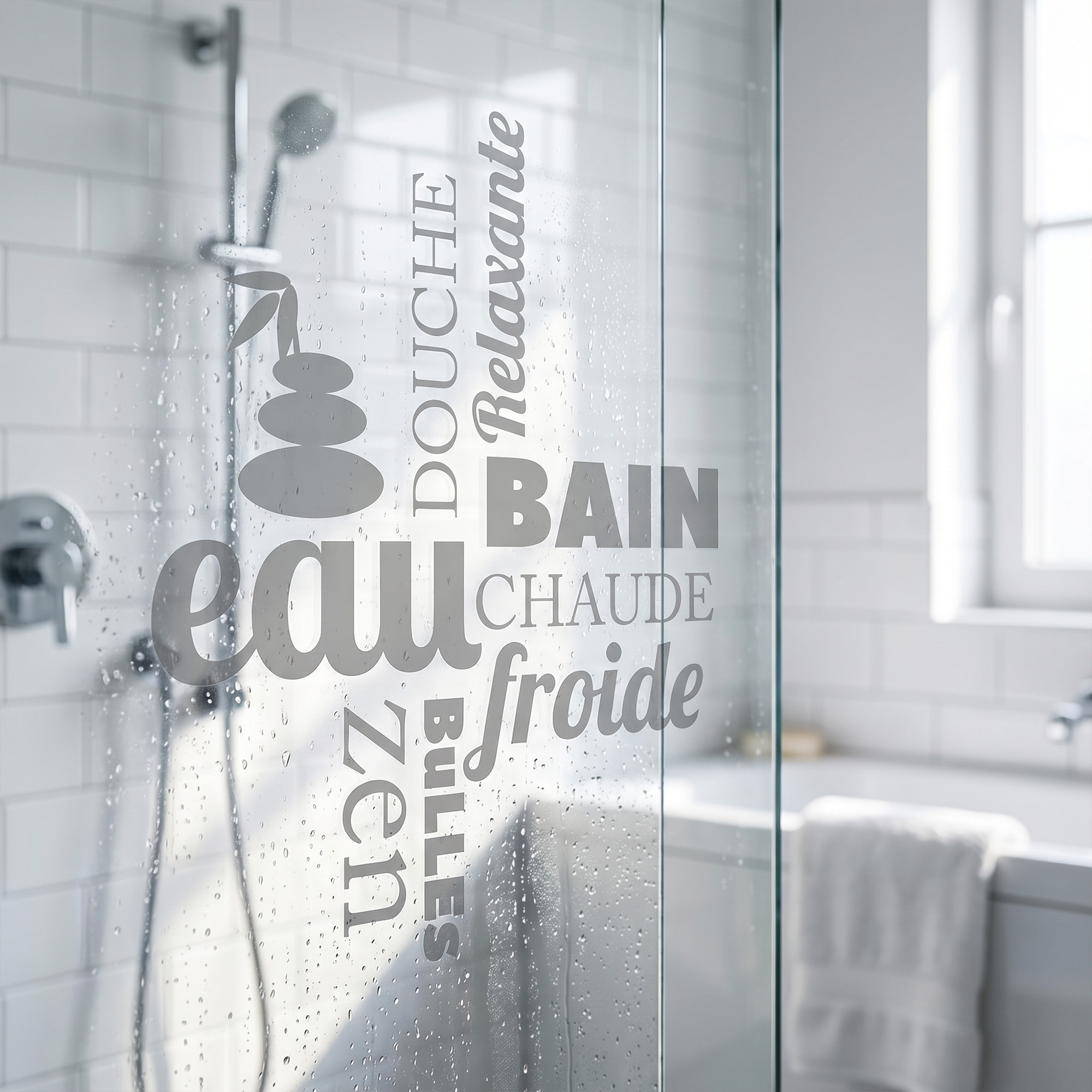 Film Fenêtre Anti Regard Occultant - DOUCHE ZEN - Stickers Autocollant Brise-Vue pour Vitre & Porte de Douche