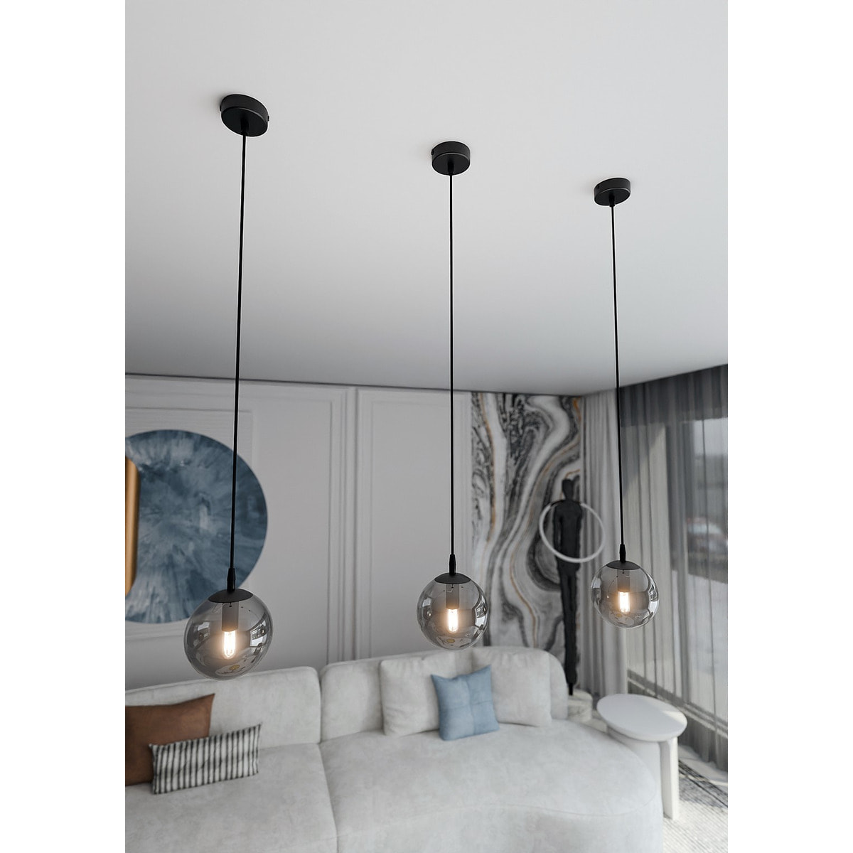 Lampada a sospensione Cosmo in acciaio nero con diffusore in vetro