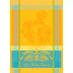 Torchon pur coton motif jacquard bleu jaune Les fruits jaunes soleil