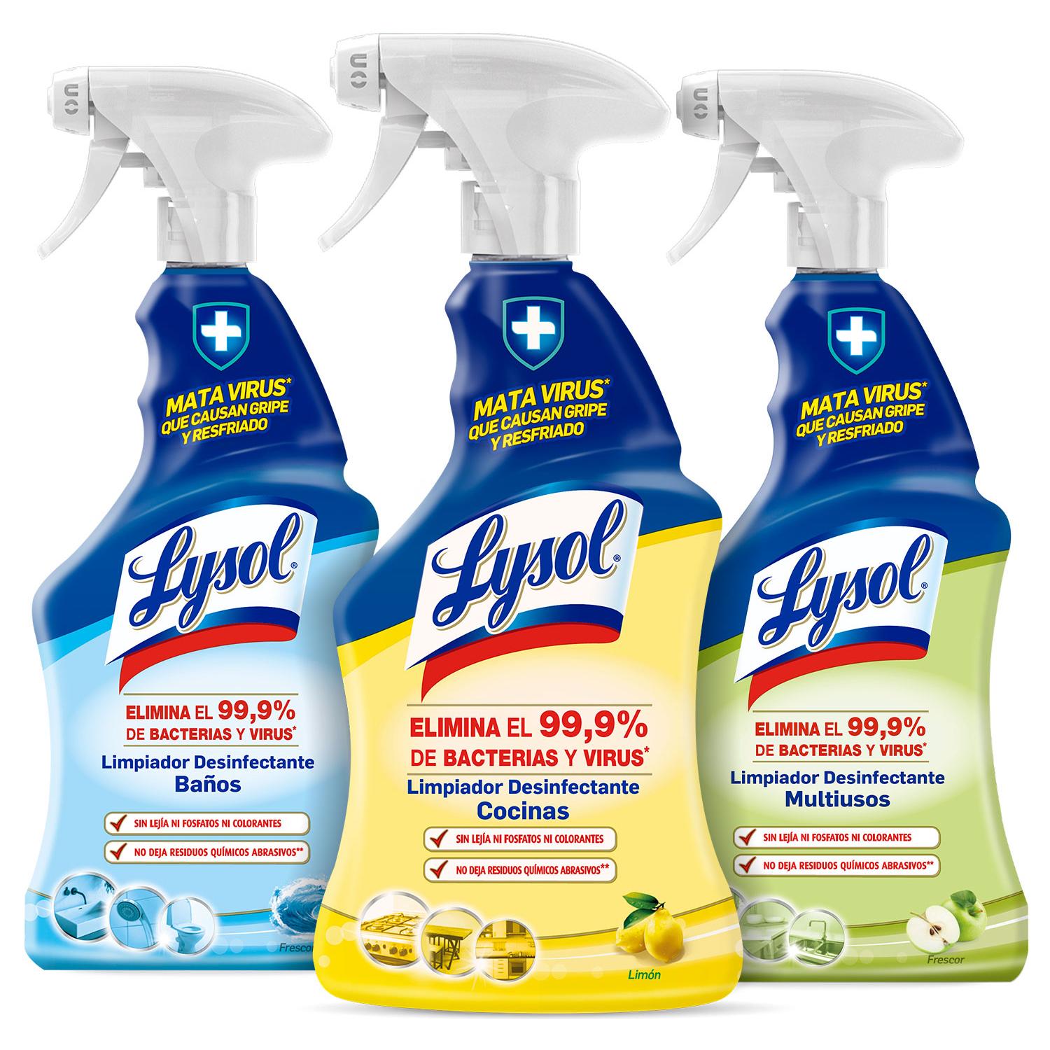 PACK 3X SPRAYS DESINFECTANTES LYSOL 1L (MULTIUSOS, COCINA, BAÑO)