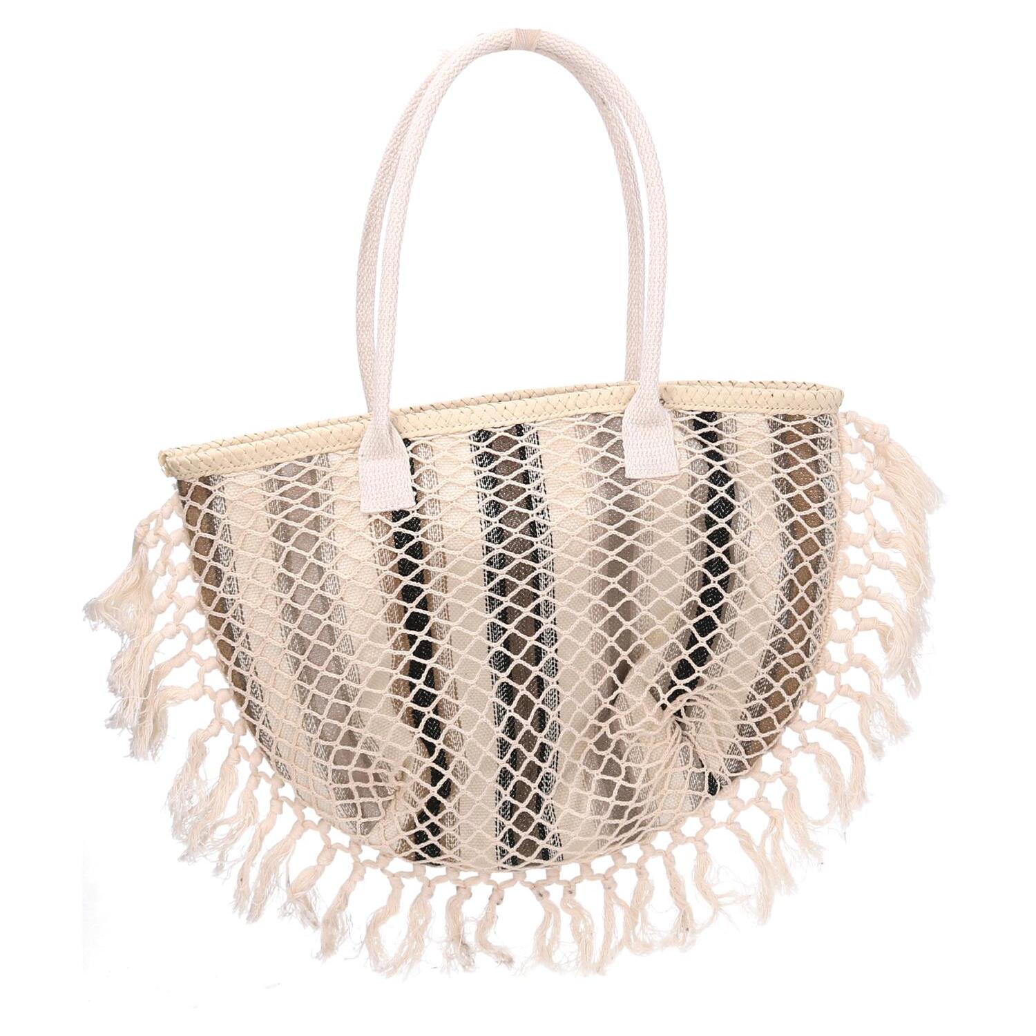 Borsa in tessuto a righe grigie con nappe cm40x13h32/50