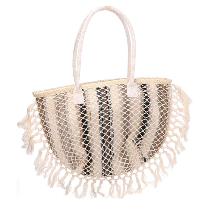 Borsa in tessuto a righe grigie con nappe cm40x13h32/50