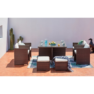 Table et chaises 8 places encastrables résine marron-blanc REGINA