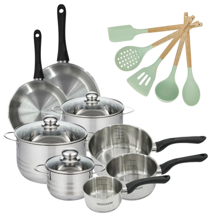 Set 2 poêles, 3 casseroles, 3 faitouts en inox Fackelmann Geneva et 5 ustensiles Océan