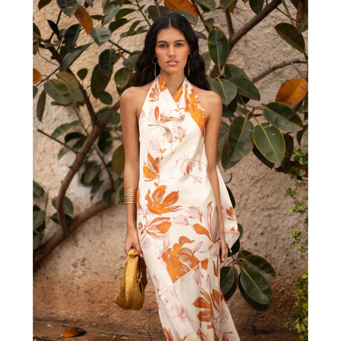 Vestido Largo Floral con Escote Halter Drapeado