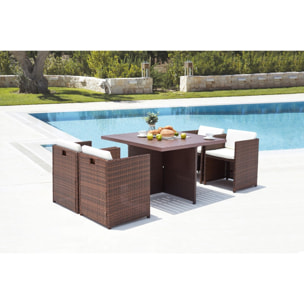Table et chaise 4 places encastrables alu résine marron-blanc ABASA