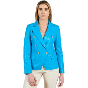 Giacca blazer doppio petto in pelle naturale azzurra